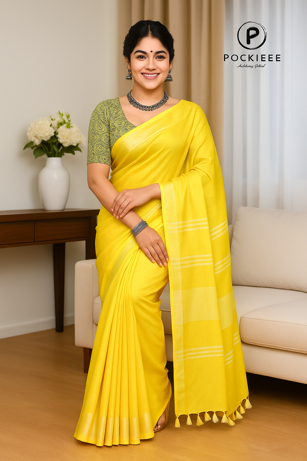 Plain Cotton Linen Saree with Blouse Piece